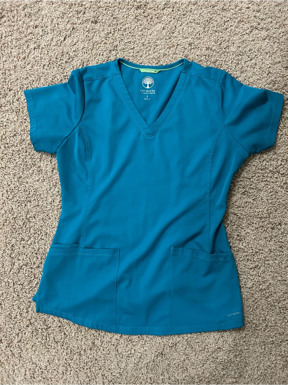 healing hands Teal V-Neck Short Sleeve Scrub Top